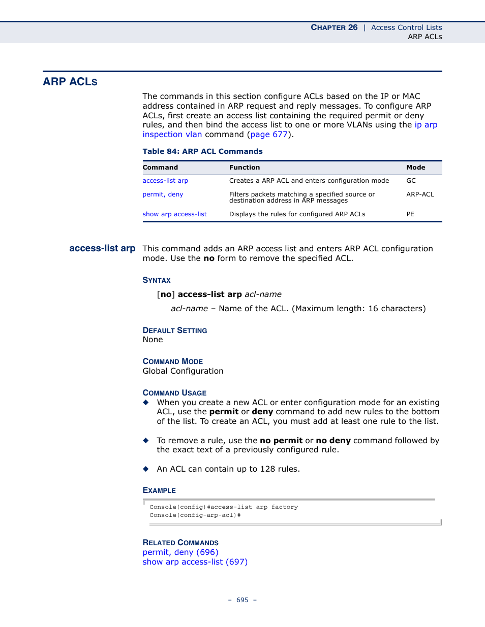 Arp acls, Access-list arp, Table 84: arp acl commands | Arp acl | Microsens MS453490M Management Guide User Manual | Page 695 / 984
