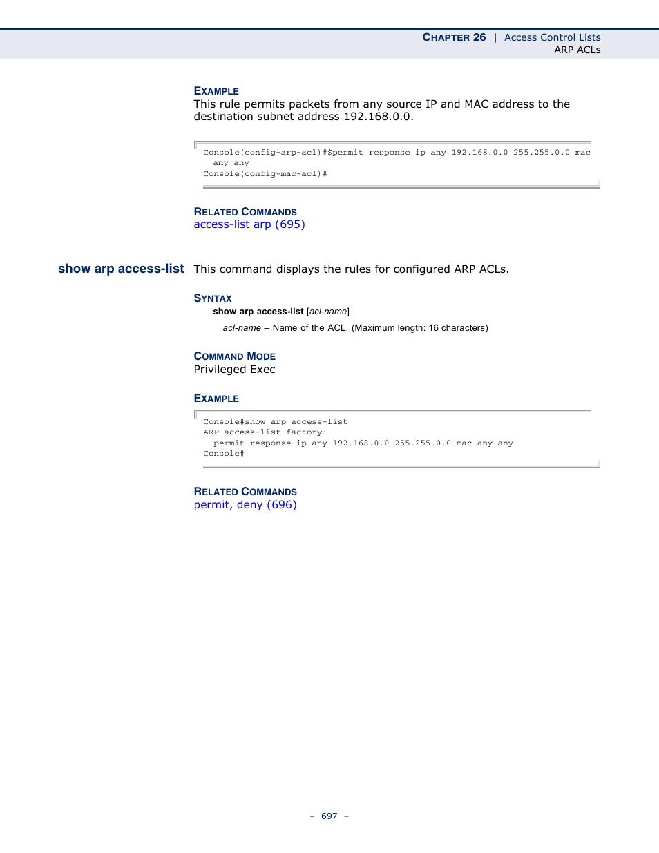 Show arp access-list, Show arp access-list (697) | Microsens MS453490M Management Guide User Manual | Page 697 / 984