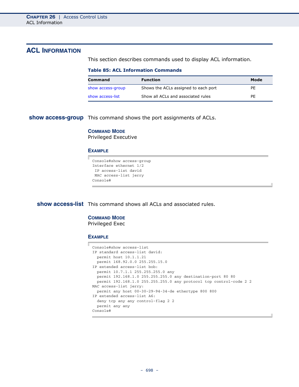 Acl information, Show access-group, Show access-list | Table 85: acl information commands, Acl i | Microsens MS453490M Management Guide User Manual | Page 698 / 984