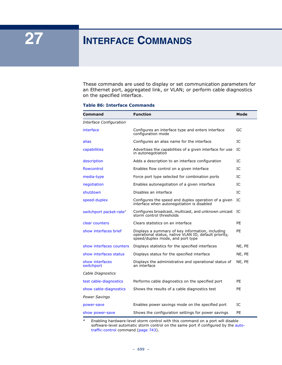 Interface commands, 27 i, Nterface | Ommands, Table 86: interface commands | Microsens MS453490M Management Guide User Manual | Page 699 / 984