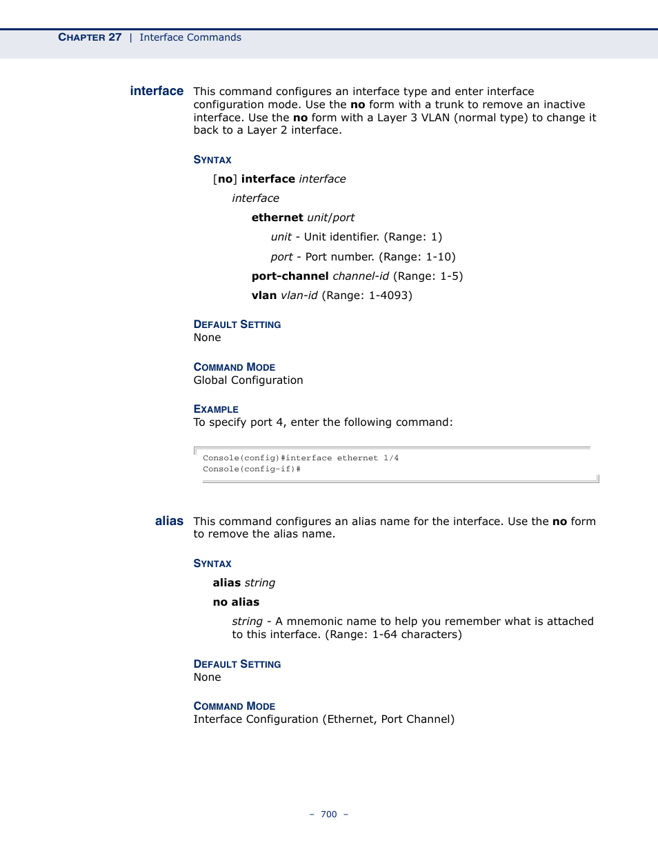 Interface 700 alias 700, Interface, Alias | Microsens MS453490M Management Guide User Manual | Page 700 / 984