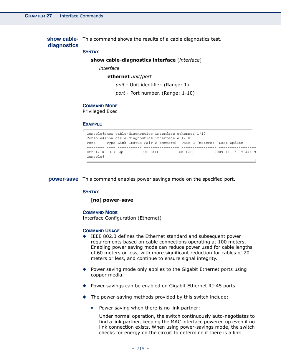 Show cable-diagnostics, Power-save 714, Power-save | Microsens MS453490M Management Guide User Manual | Page 714 / 984