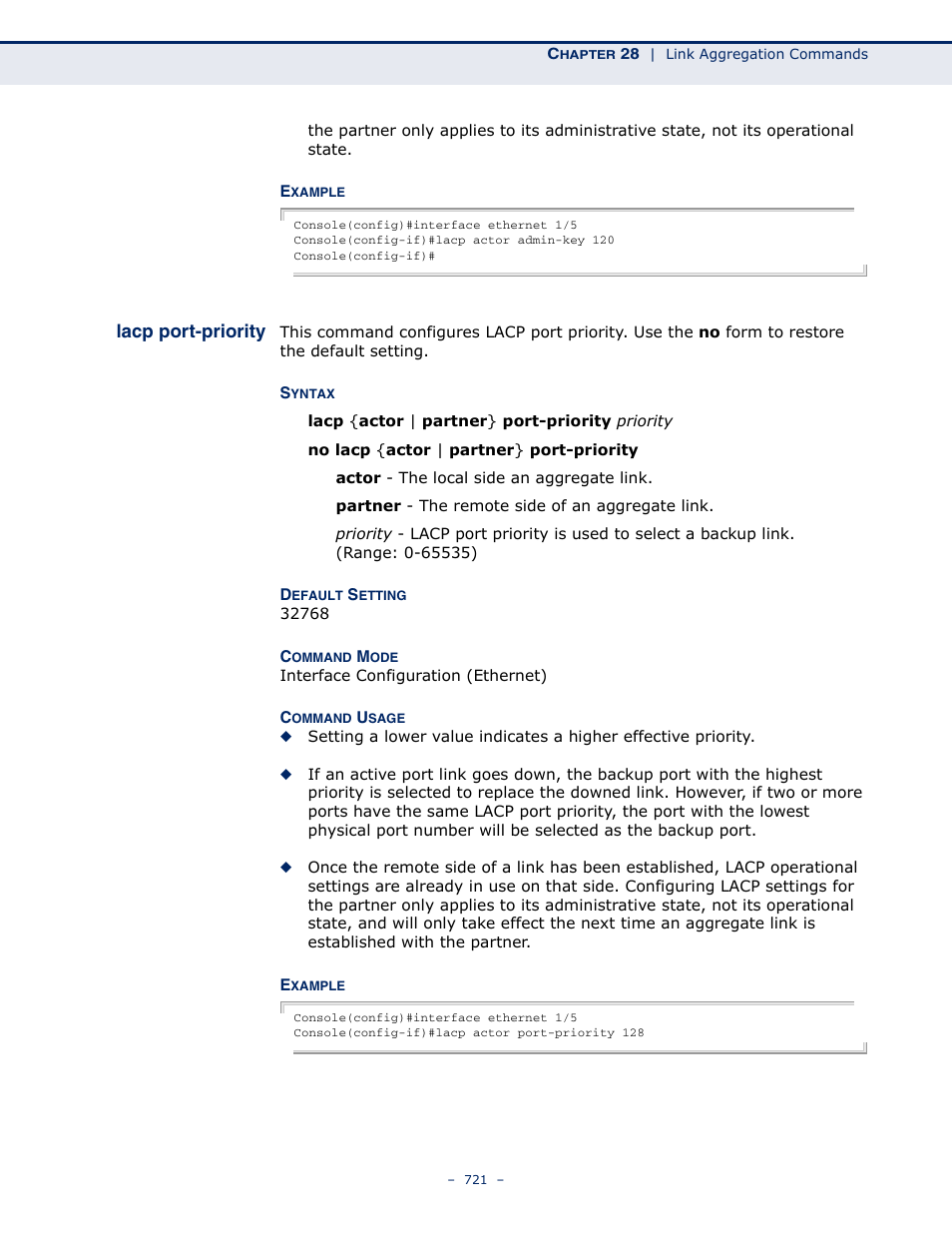 Lacp port-priority | Microsens MS453490M Management Guide User Manual | Page 721 / 984