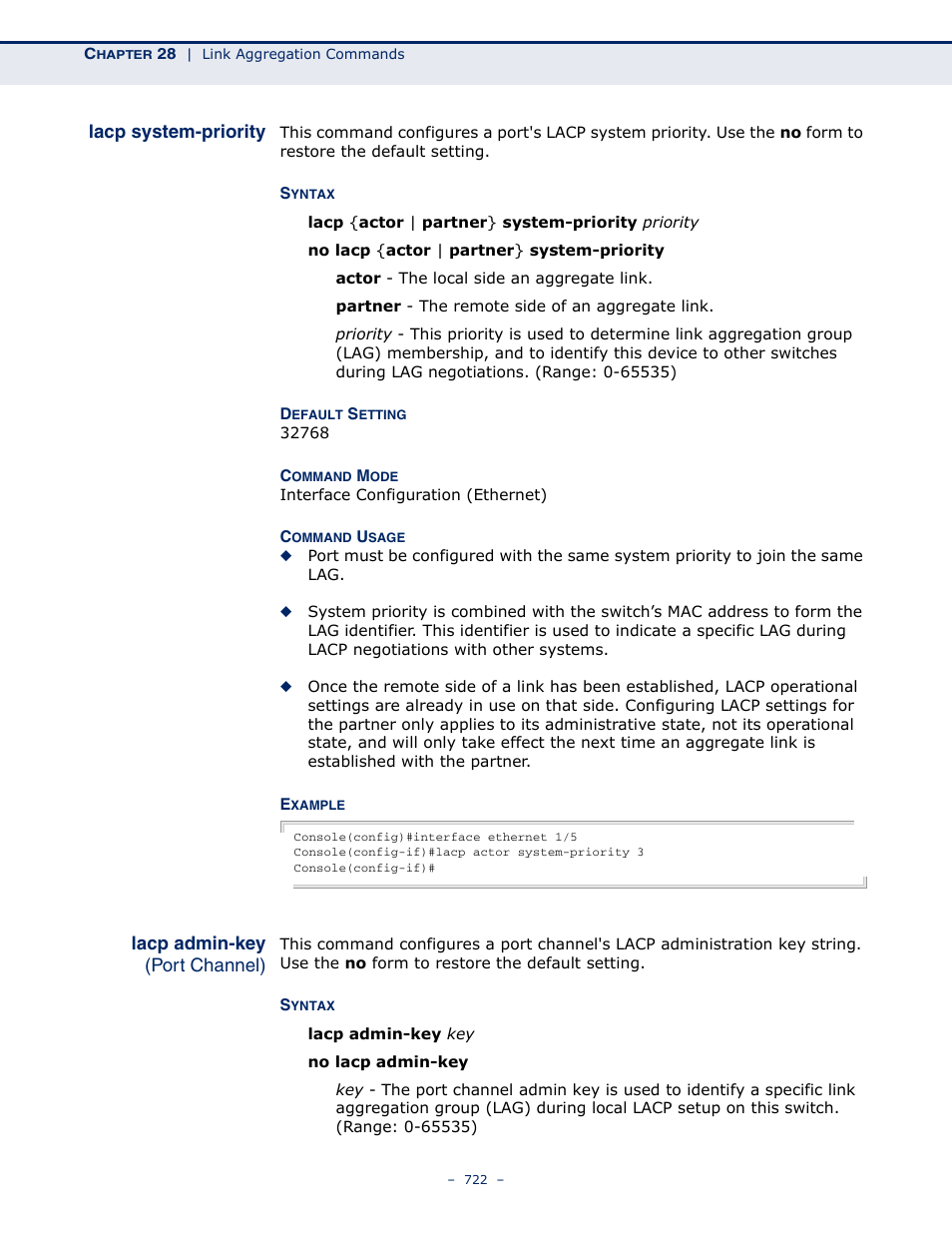 Lacp system-priority, Lacp admin-key (port channel), Lacp admin-key | Lacp admin key | Microsens MS453490M Management Guide User Manual | Page 722 / 984