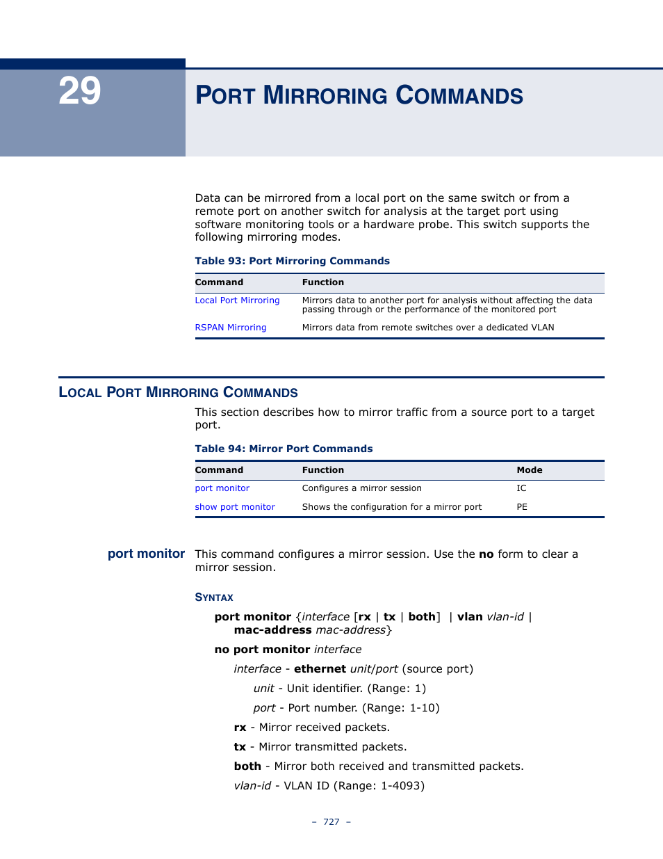 Port mirroring commands, Local port mirroring commands, 29 p | Irroring, Ommands, Port monitor, Table 93: port mirroring commands, Table 94: mirror port commands | Microsens MS453490M Management Guide User Manual | Page 727 / 984