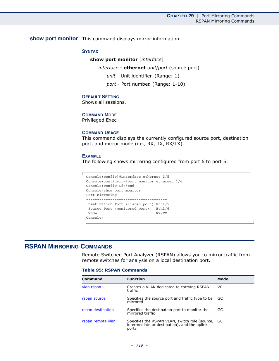 Rspan mirroring commands, Show port monitor, Table 95: rspan commands | Rspan mirroring, Rspan m | Microsens MS453490M Management Guide User Manual | Page 729 / 984