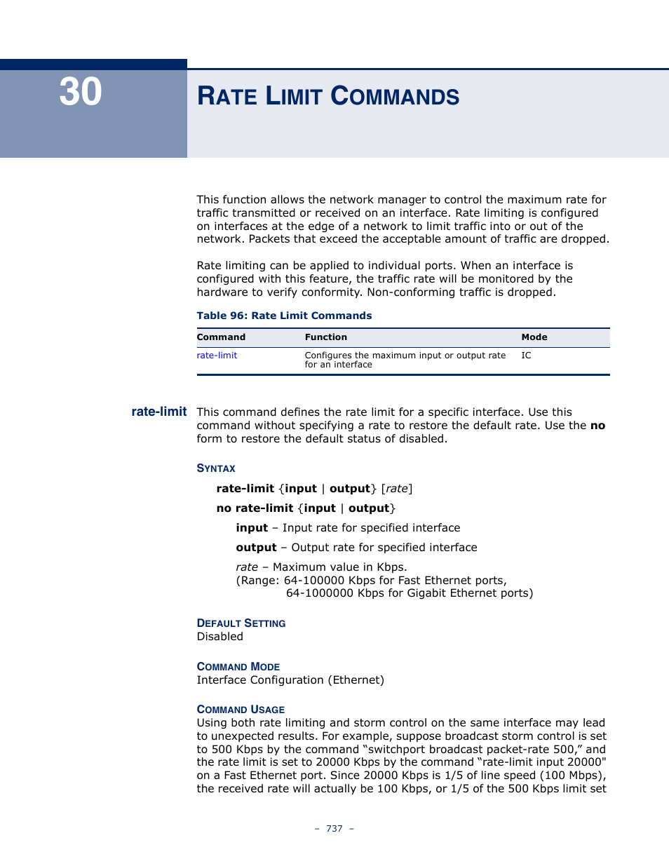 Rate limit commands, 30 r, Imit | Ommands, Rate-limit 737, Table 96: rate limit commands | Microsens MS453490M Management Guide User Manual | Page 737 / 984