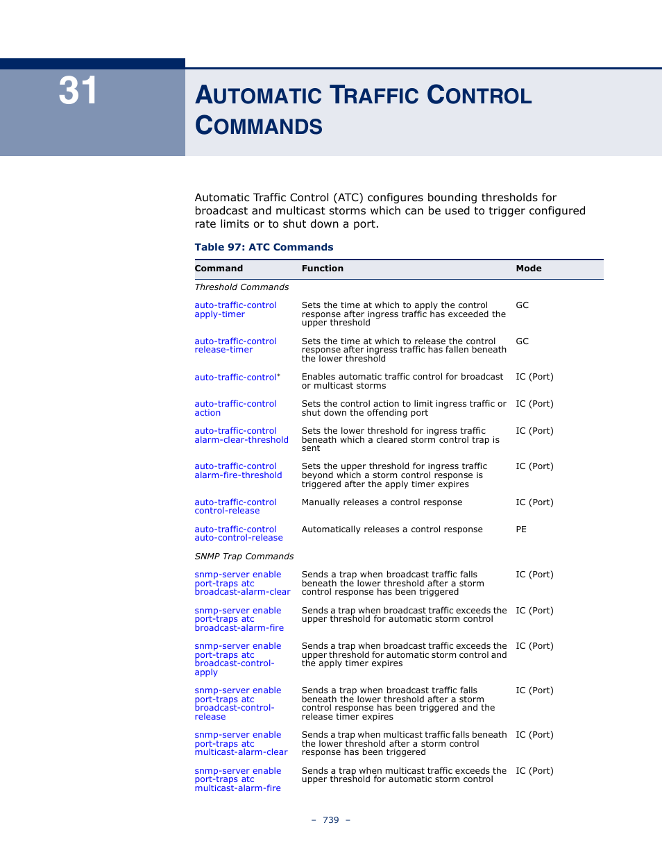 Automatic traffic control commands, 31 a, Utomatic | Raffic, Ontrol, Ommands, Table 97: atc commands | Microsens MS453490M Management Guide User Manual | Page 739 / 984