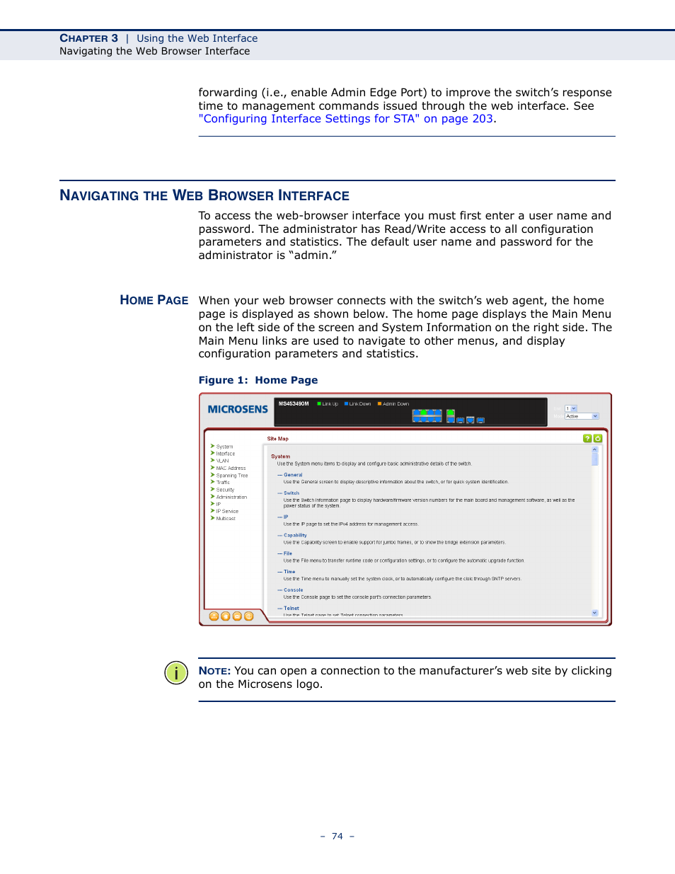 Navigating the web browser interface | Microsens MS453490M Management Guide User Manual | Page 74 / 984