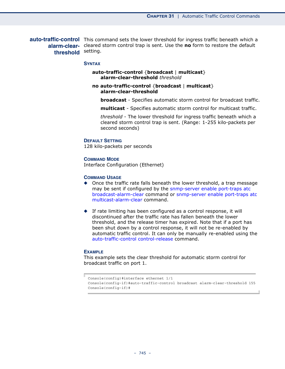 Auto-traffic-control alarm-clear-threshold, Auto-traffic-control, Alarm-clear-threshold | Auto, Traffic-control alarm-clear-threshold, Auto-traffic-control alarm-clear, Threshold | Microsens MS453490M Management Guide User Manual | Page 745 / 984