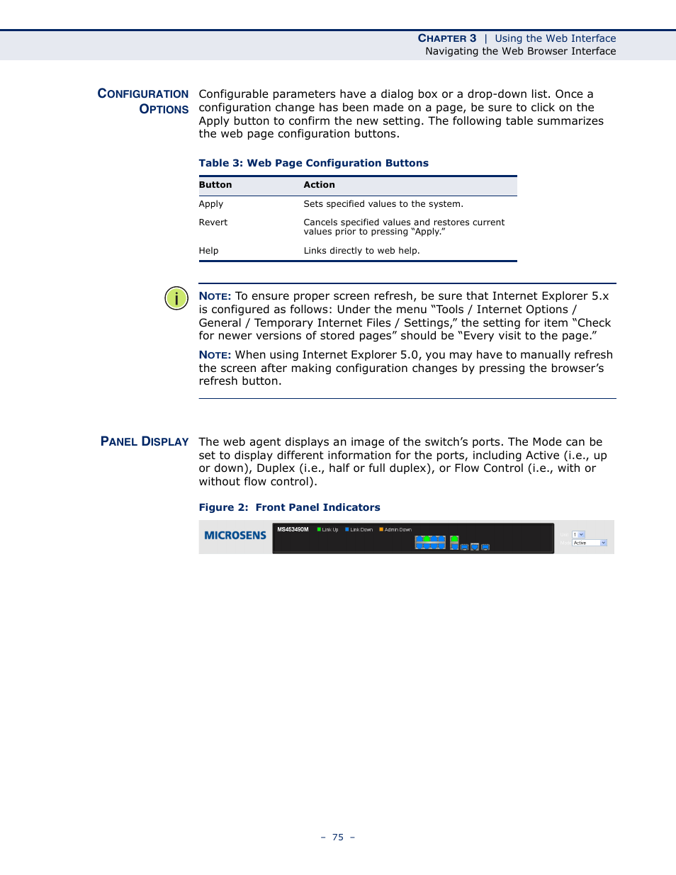 Configuration options, Panel display, Figure 2: front panel indicators | Microsens MS453490M Management Guide User Manual | Page 75 / 984