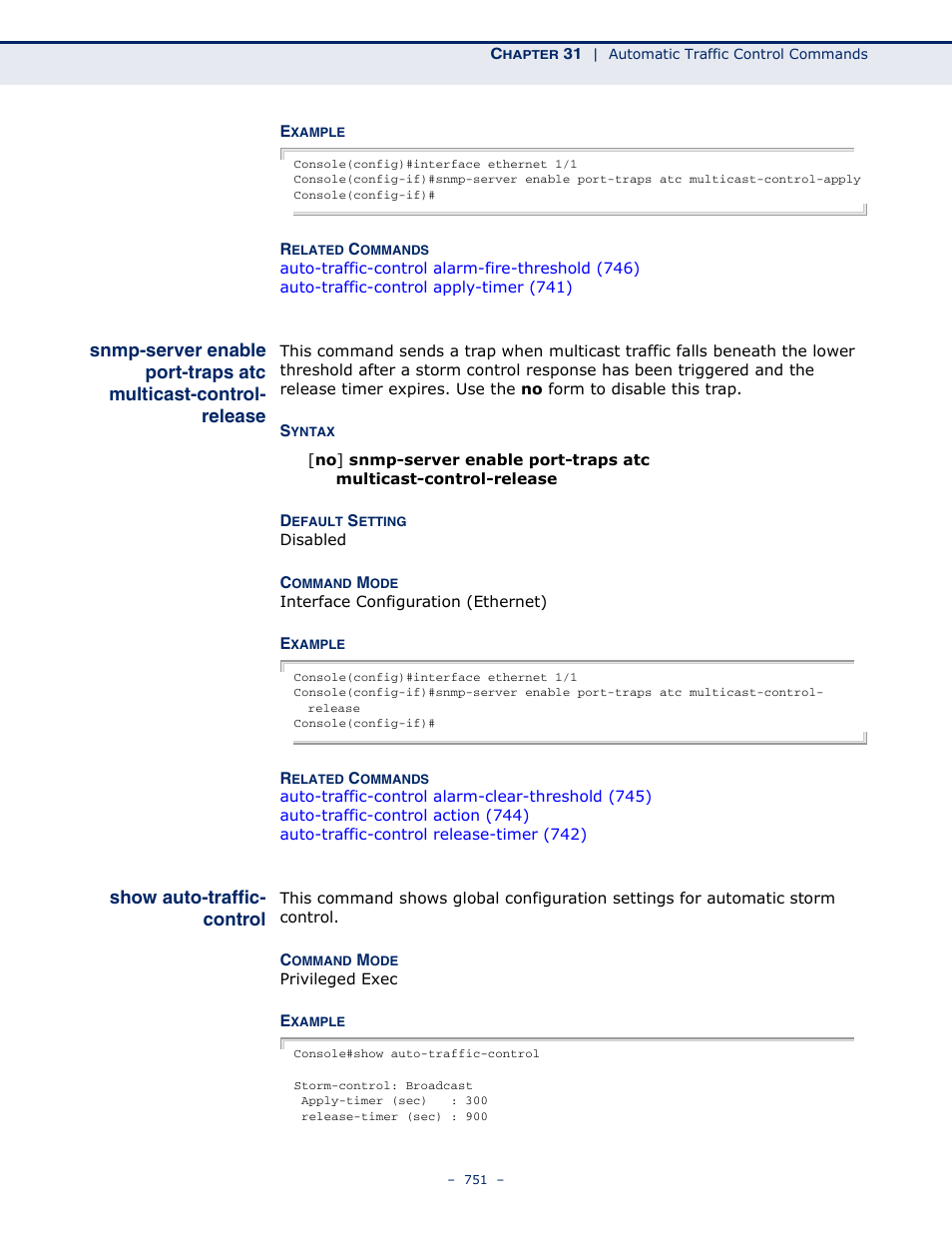 Show auto-traffic-control, Snmp-server enable port, Traps atc multicast | Control-release, Snmp-server enable, Port-traps atc, Multicast-control, Release, Show auto-traffic, Control | Microsens MS453490M Management Guide User Manual | Page 751 / 984