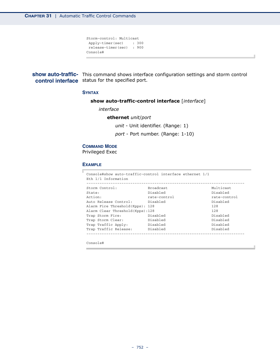 Show auto-traffic-control interface, Show auto-traffic, Control interface | Show auto-traffic- control interface | Microsens MS453490M Management Guide User Manual | Page 752 / 984