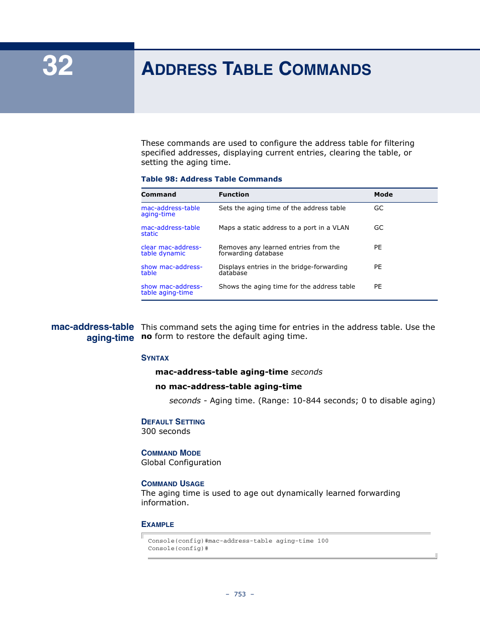 Address table commands, 32 a, Ddress | Able, Ommands, Mac-address-table aging-time, Table 98: address table commands, Address-table aging-time | Microsens MS453490M Management Guide User Manual | Page 753 / 984