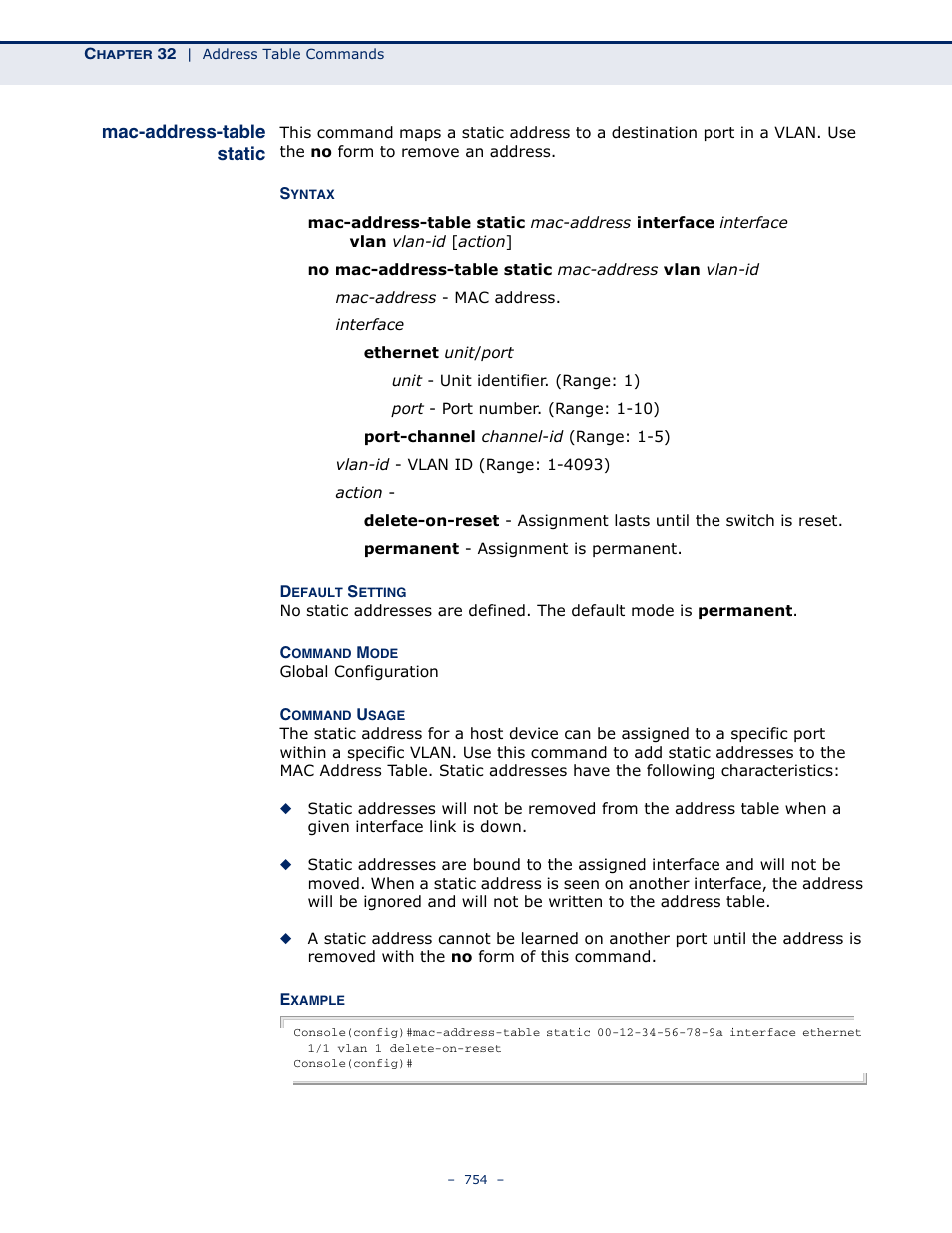 Mac-address-table static, Mac-address, Table static | Mac-address-table static (754), Mac-address-table, Static | Microsens MS453490M Management Guide User Manual | Page 754 / 984