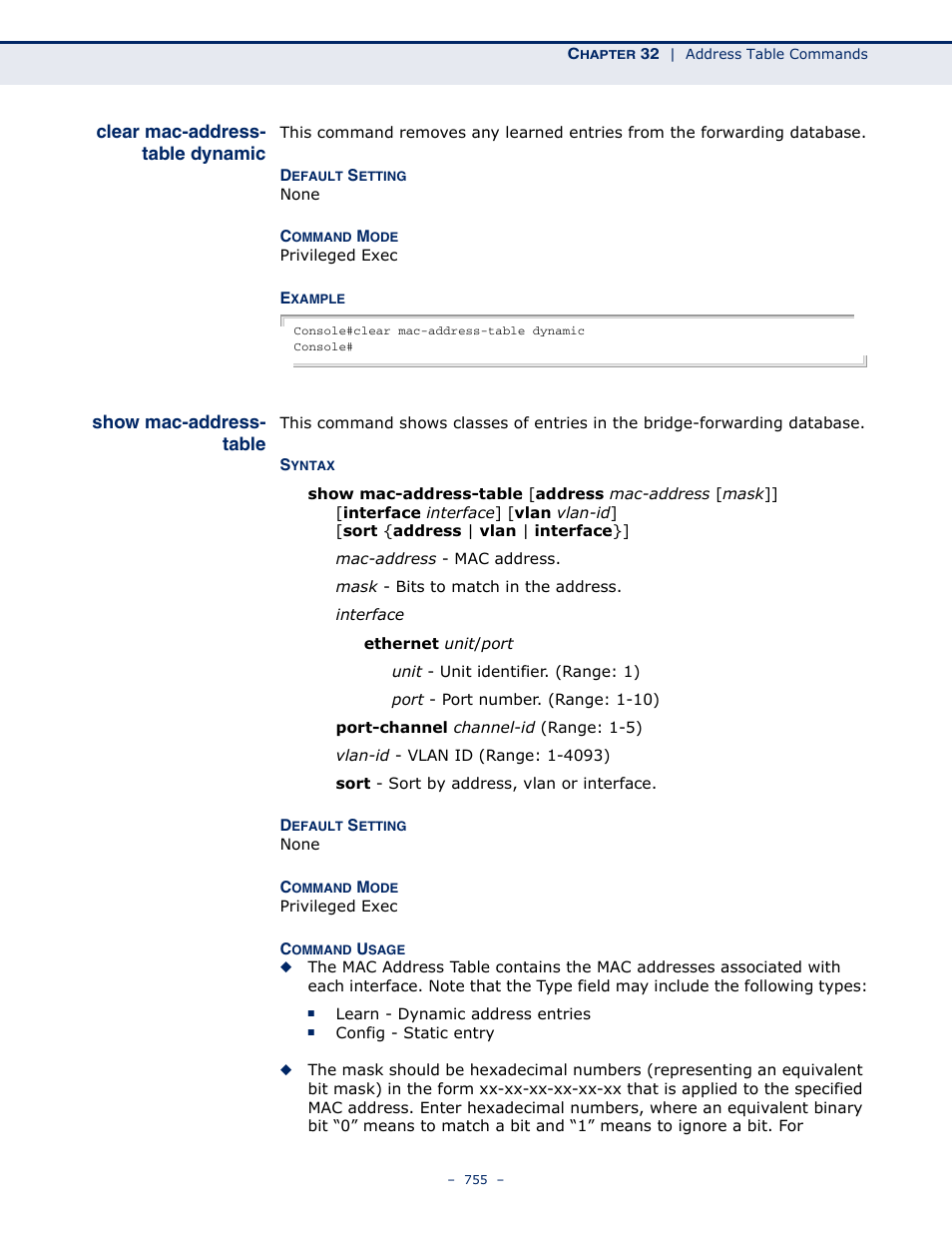 Clear mac-address-table dynamic, Show mac-address-table, Clear mac-address | Table dynamic, Show mac-address, Table | Microsens MS453490M Management Guide User Manual | Page 755 / 984