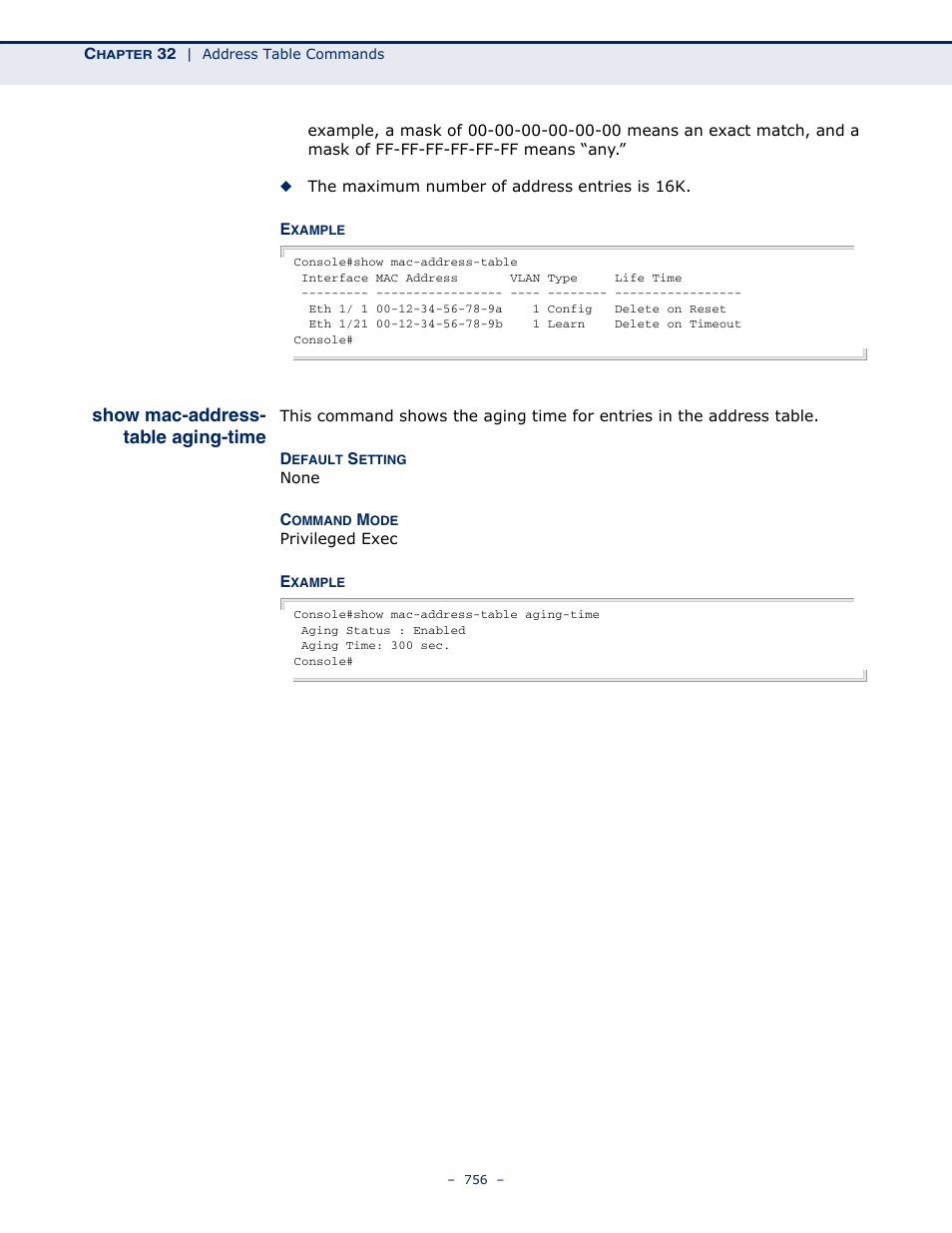 Show mac-address-table aging-time, Show mac-address, Table aging-time | Show mac-address- table aging-time | Microsens MS453490M Management Guide User Manual | Page 756 / 984