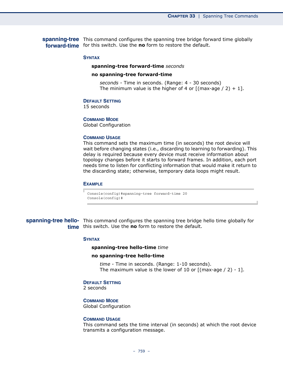 Spanning-tree forward-time, Spanning-tree hello-time | Microsens MS453490M Management Guide User Manual | Page 759 / 984