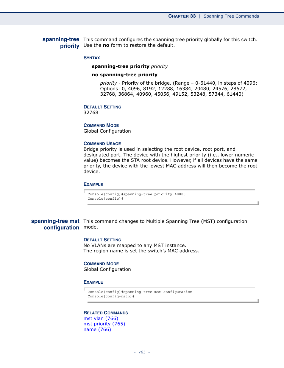 Spanning-tree priority, Spanning-tree mst configuration, Spanning-tree mst | Configuration | Microsens MS453490M Management Guide User Manual | Page 763 / 984