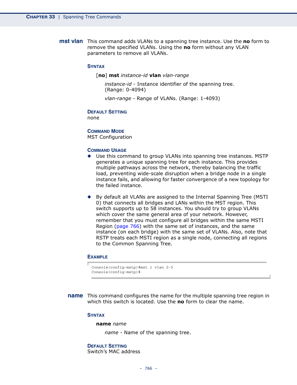 Mst vlan, Name 766, Name | Microsens MS453490M Management Guide User Manual | Page 766 / 984