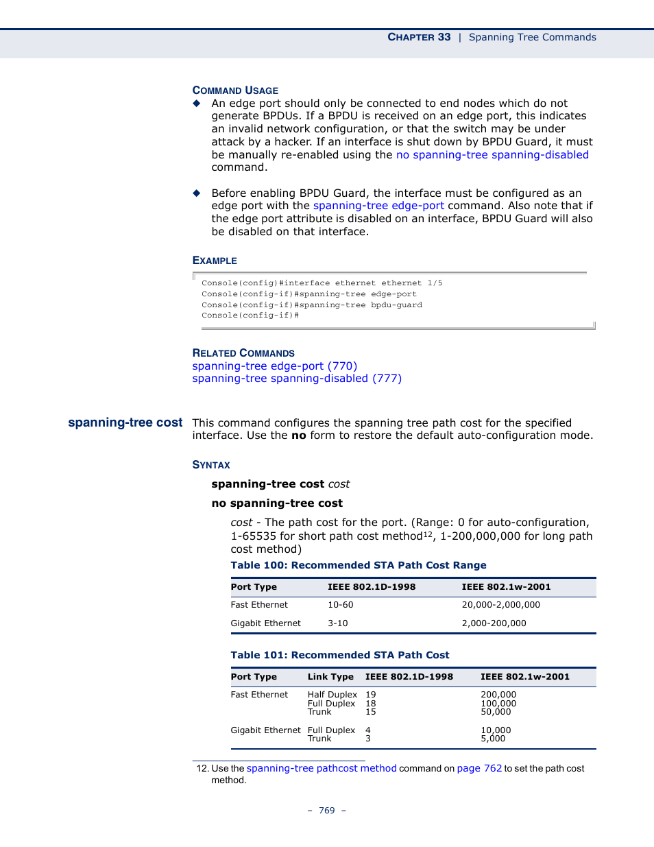 Spanning-tree cost, Table 100: recommended sta path cost range, Table 101: recommended sta path cost | Microsens MS453490M Management Guide User Manual | Page 769 / 984