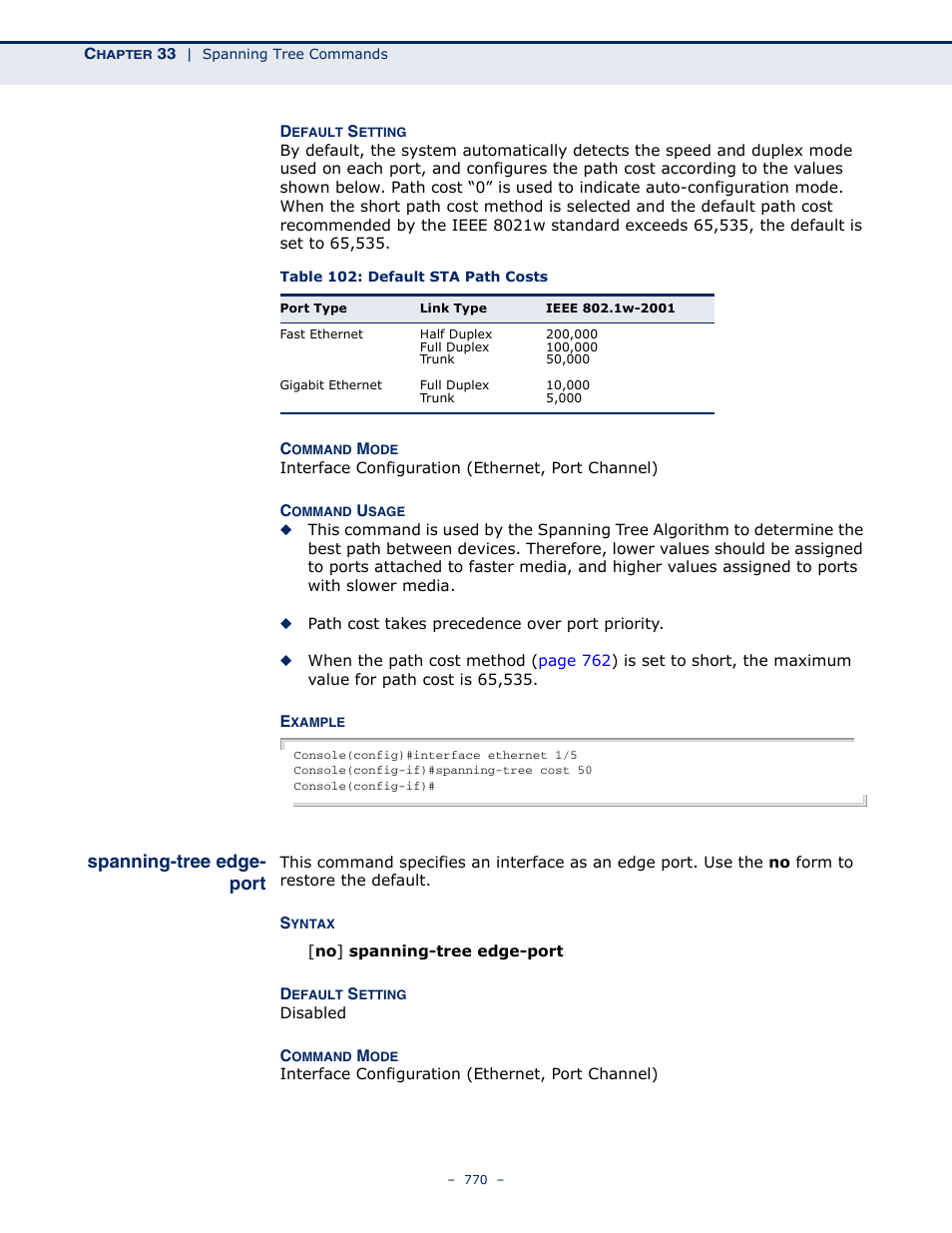 Spanning-tree edge-port, Table 102: default sta path costs, Spanning-tree edge-port (770) | Spanning-tree edge- port | Microsens MS453490M Management Guide User Manual | Page 770 / 984