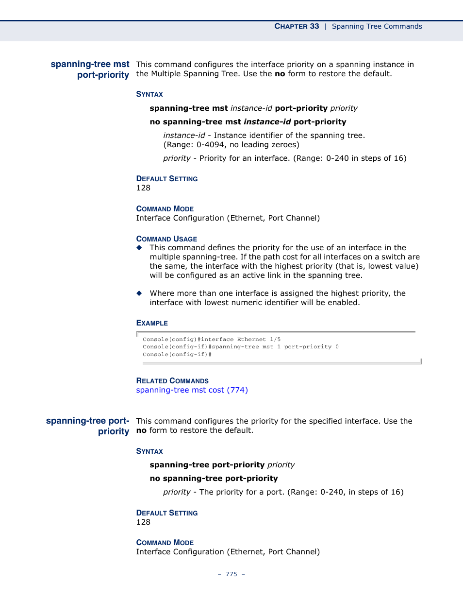 Spanning-tree mst port-priority, Spanning-tree port-priority, Spanning-tree mst port | Priority, Spanning-tree mst port-priority (775) | Microsens MS453490M Management Guide User Manual | Page 775 / 984