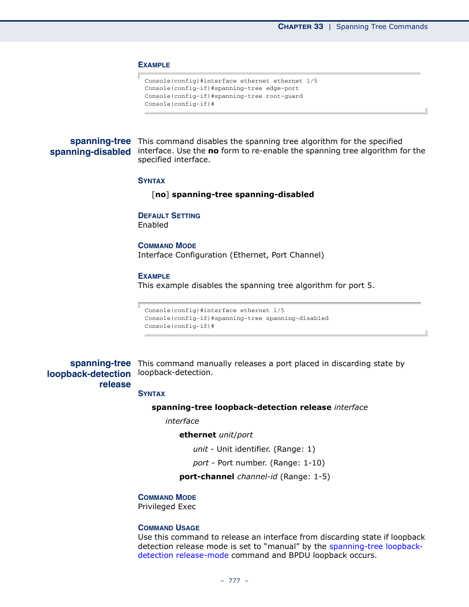 Spanning-tree spanning-disabled, Spanning-tree loopback-detection release, Spanning-tree spanning | Disabled, Spanning-tree loopback, Detection release, Spanning-tree spanning-disabled (777) | Microsens MS453490M Management Guide User Manual | Page 777 / 984