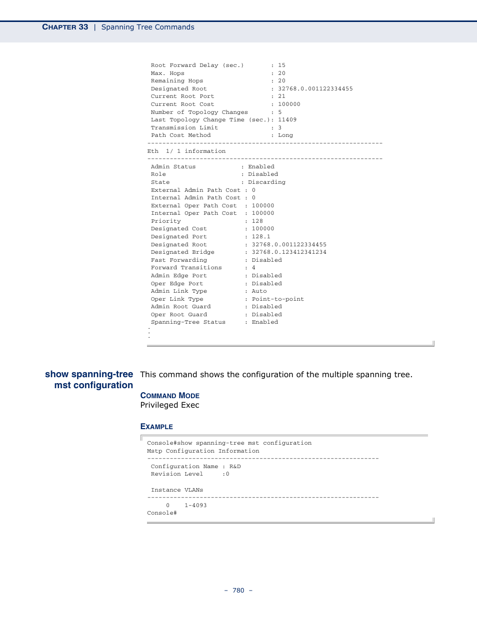 Show spanning-tree mst configuration, Show spanning-tree mst, Configuration | Microsens MS453490M Management Guide User Manual | Page 780 / 984