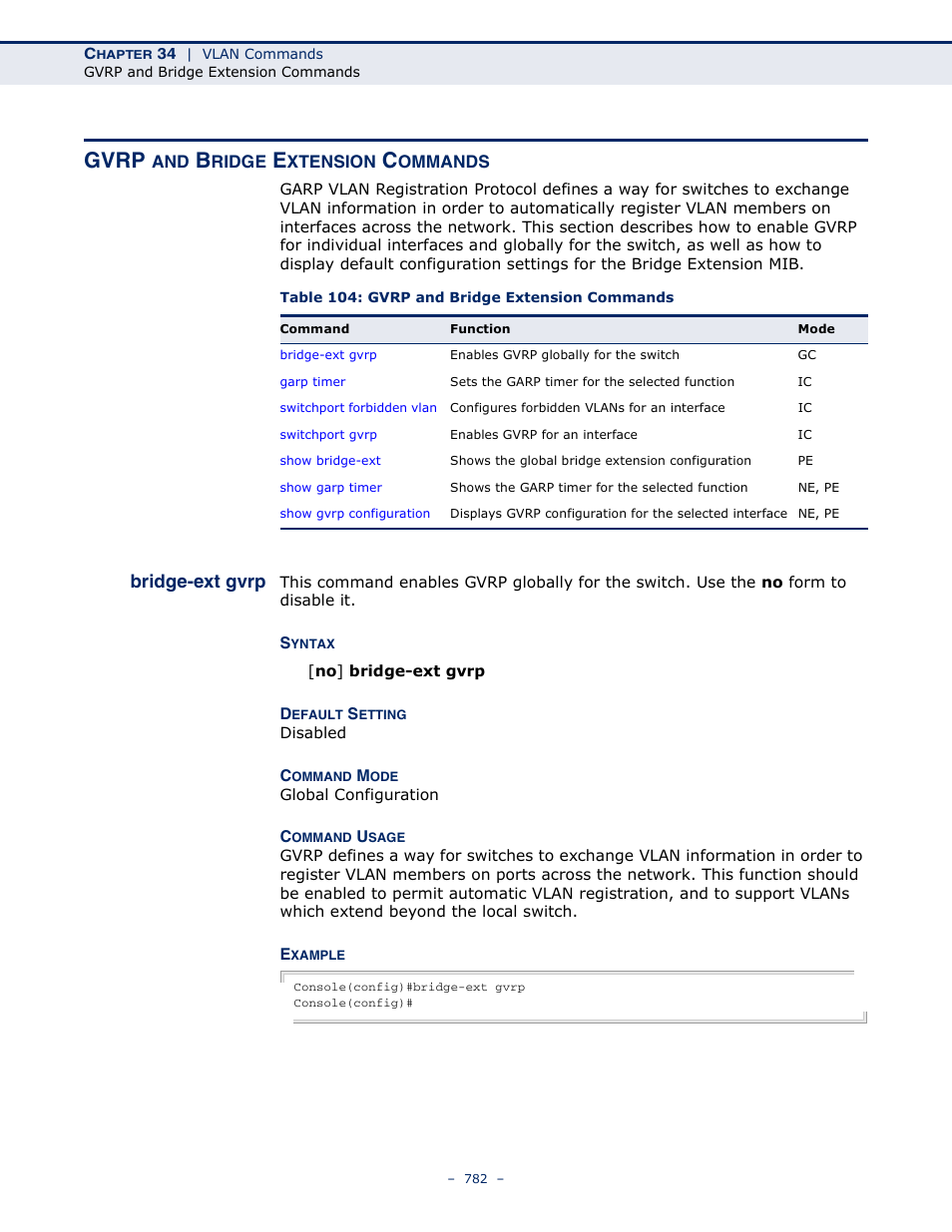 Gvrp and bridge extension commands, Bridge-ext gvrp, Table 104: gvrp and bridge extension commands | Gvrp and bridge, Extension commands, Gvrp | Microsens MS453490M Management Guide User Manual | Page 782 / 984