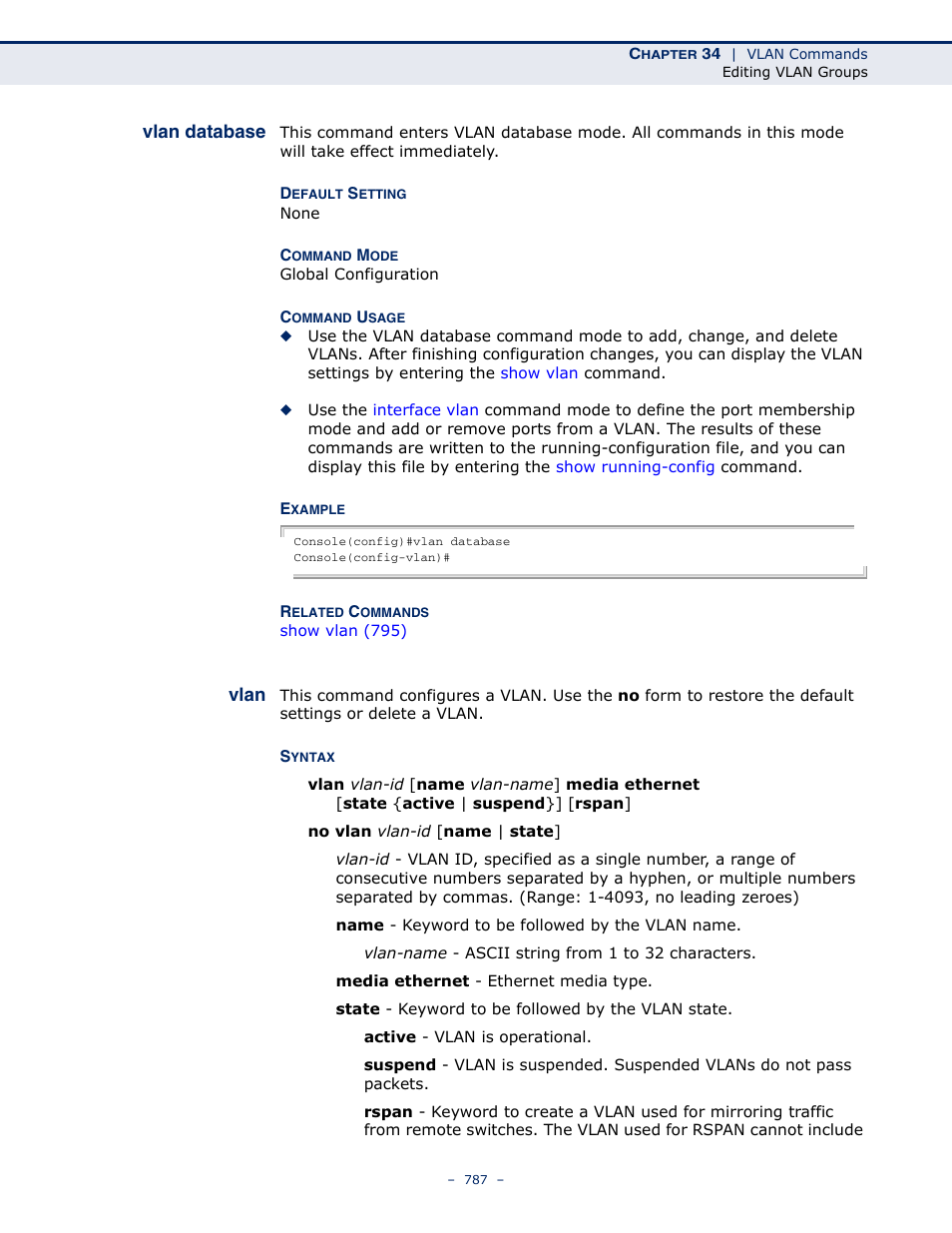 Vlan database, Vlan 787, Vlan | Microsens MS453490M Management Guide User Manual | Page 787 / 984