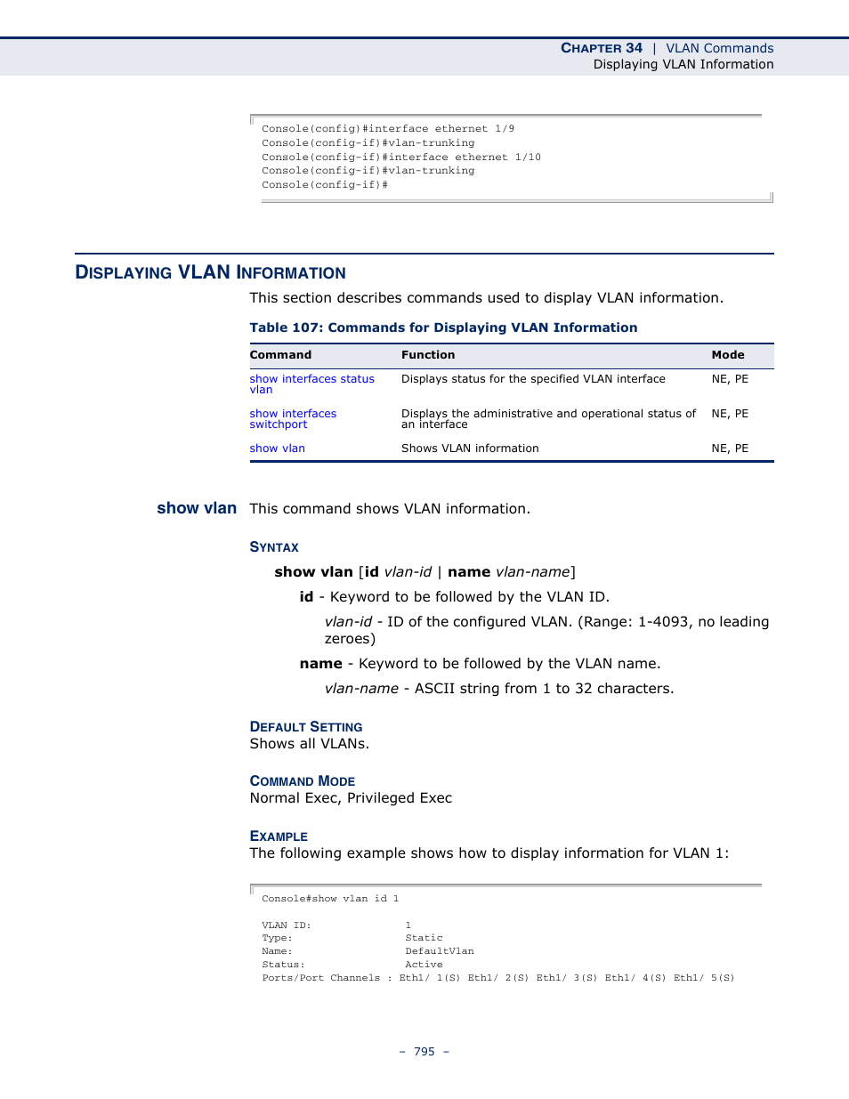 Displaying vlan information, Show vlan, Displaying vlan | Information, Show vlan (795), Vlan i | Microsens MS453490M Management Guide User Manual | Page 795 / 984