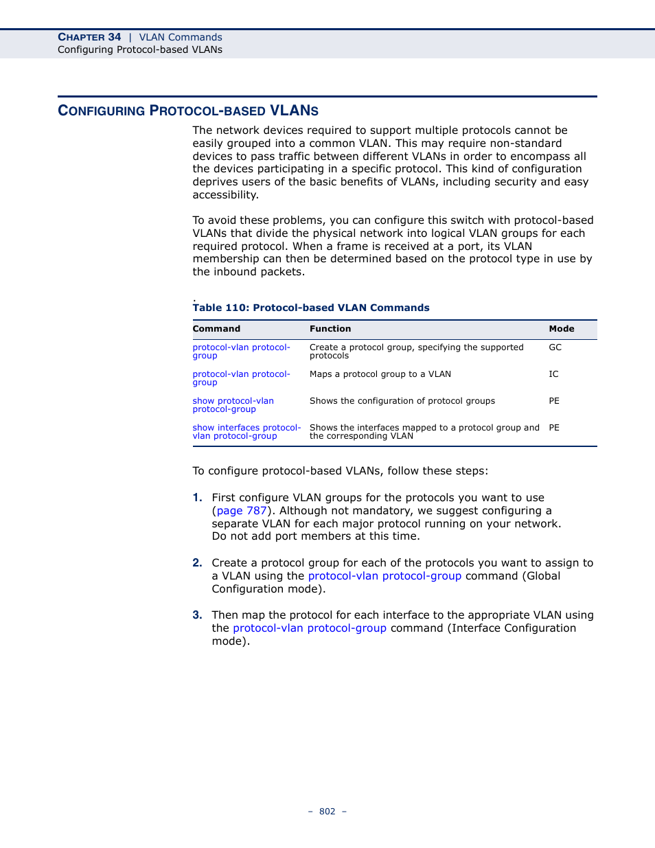 Configuring protocol-based vlans, Table 110: protocol-based vlan commands, Configuring protocol | Based vlans, Vlan | Microsens MS453490M Management Guide User Manual | Page 802 / 984