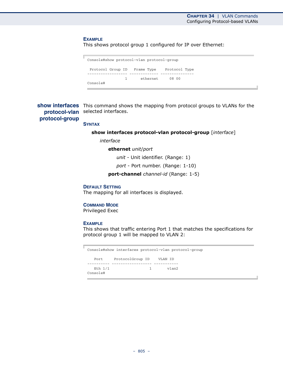 Show interfaces protocol-vlan protocol-group, Show interfaces protocol, Vlan protocol-group | Microsens MS453490M Management Guide User Manual | Page 805 / 984