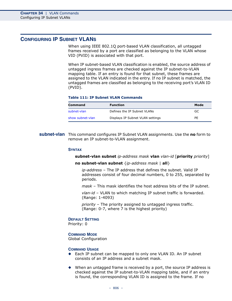 Configuring ip subnet vlans, Subnet-vlan 806, Table 111: ip subnet vlan commands | Configuring ip subnet, Vlans, Ip s, Vlan | Microsens MS453490M Management Guide User Manual | Page 806 / 984