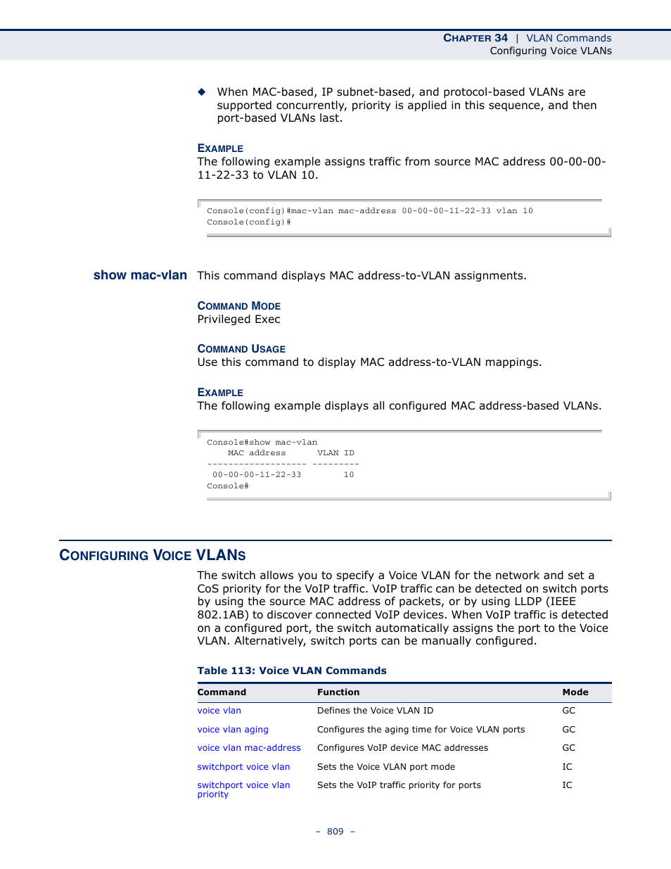 Configuring voice vlans, Show mac-vlan, Table 113: voice vlan commands | Vlan | Microsens MS453490M Management Guide User Manual | Page 809 / 984