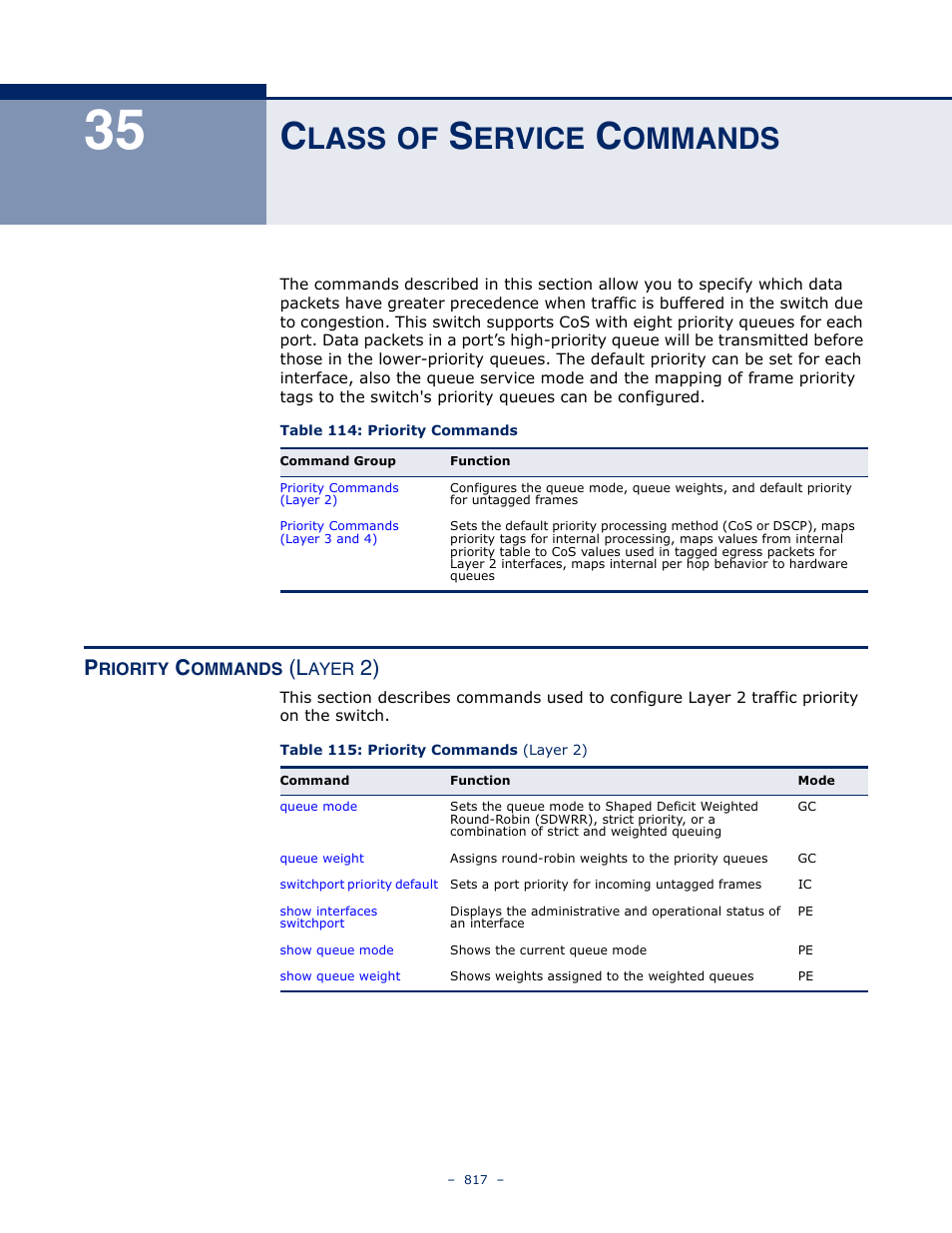 Class of service commands, Priority commands (layer 2), 35 c | Lass, Ervice, Ommands, Table 114: priority commands, Table 115: priority commands (layer 2) | Microsens MS453490M Management Guide User Manual | Page 817 / 984