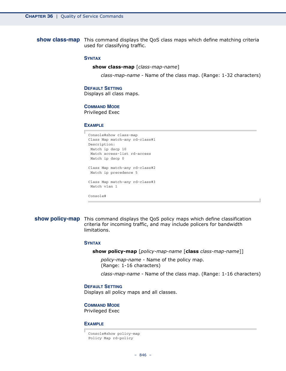 Show class-map, Show policy-map, Show class-map (846) | Microsens MS453490M Management Guide User Manual | Page 846 / 984