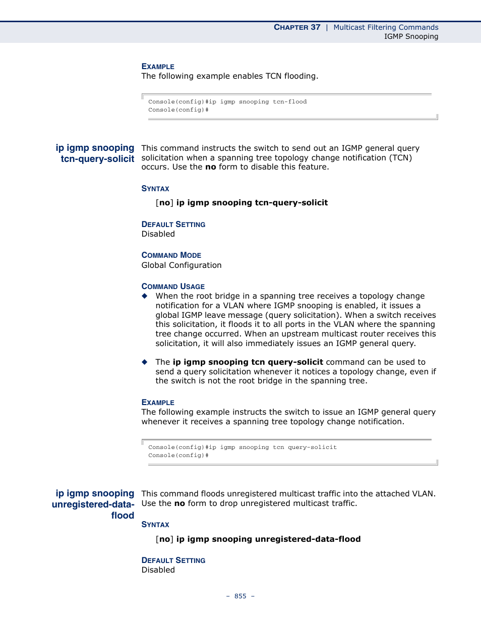 Ip igmp snooping tcn-query-solicit, Ip igmp snooping unregistered-data-flood, Ip igmp snooping tcn | Query-solicit, Ip igmp snooping, Unregistered-data-flood | Microsens MS453490M Management Guide User Manual | Page 855 / 984
