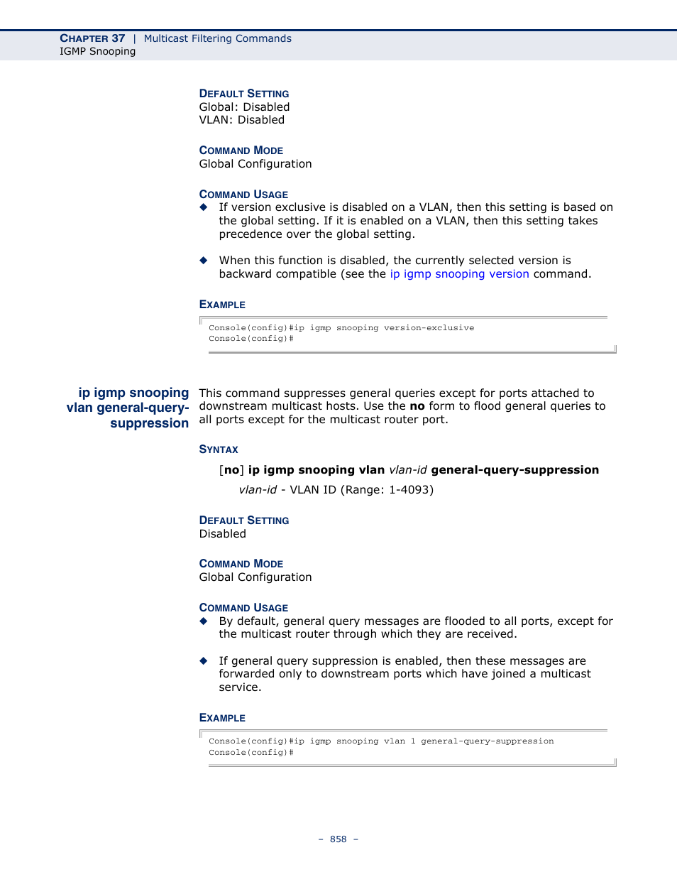 Ip igmp snooping vlan general-query-suppression, Ip igmp snooping vlan, General-query | Suppression | Microsens MS453490M Management Guide User Manual | Page 858 / 984