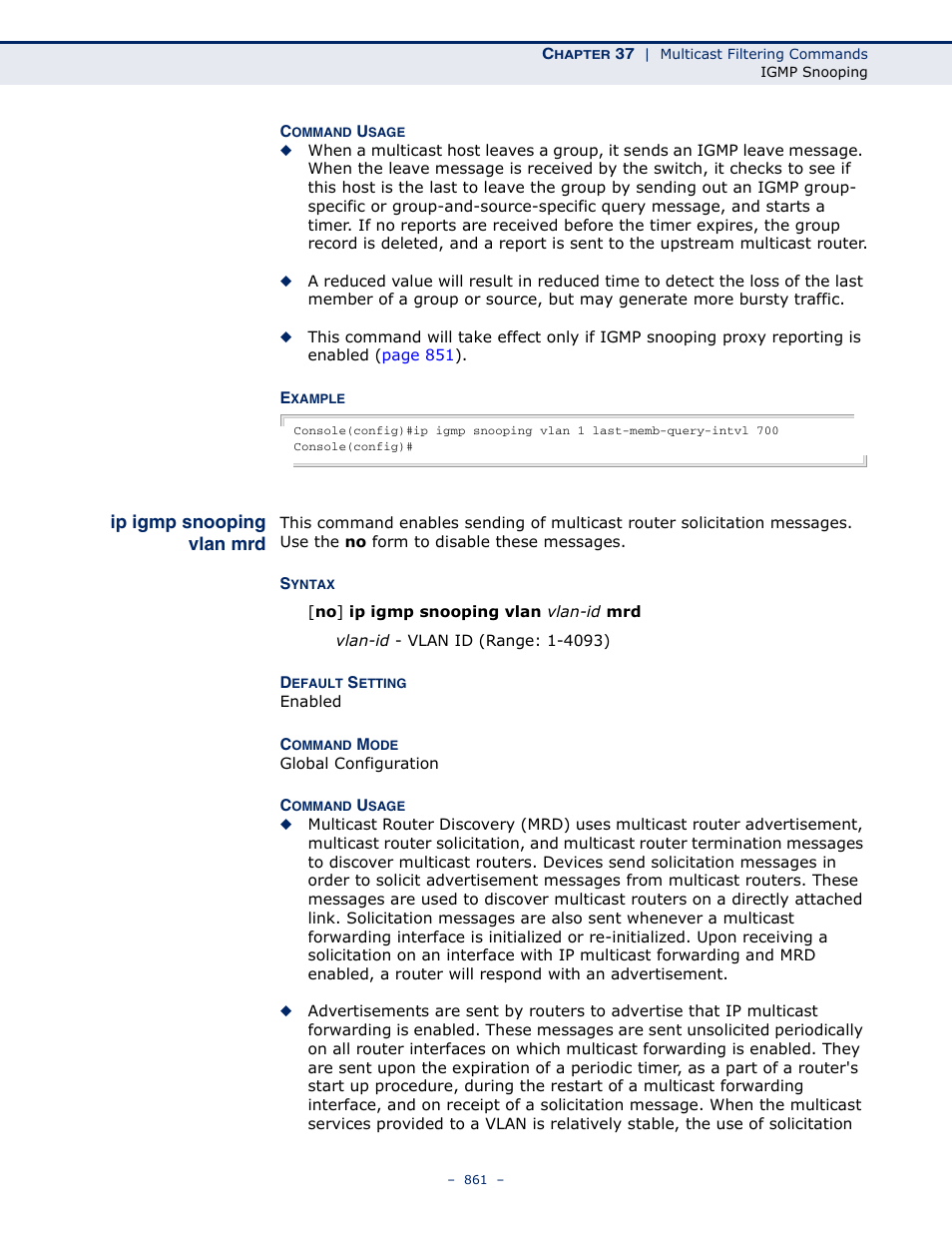 Ip igmp snooping vlan mrd, Ip igmp snooping vlan | Microsens MS453490M Management Guide User Manual | Page 861 / 984