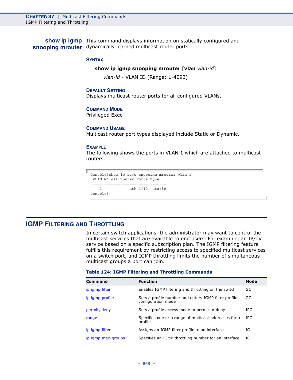 Igmp filtering and throttling, Show ip igmp snooping mrouter, Table 124: igmp filtering and throttling commands | Igmp filtering and, Throttling, Show ip igmp snooping, Mrouter, Igmp f | Microsens MS453490M Management Guide User Manual | Page 868 / 984