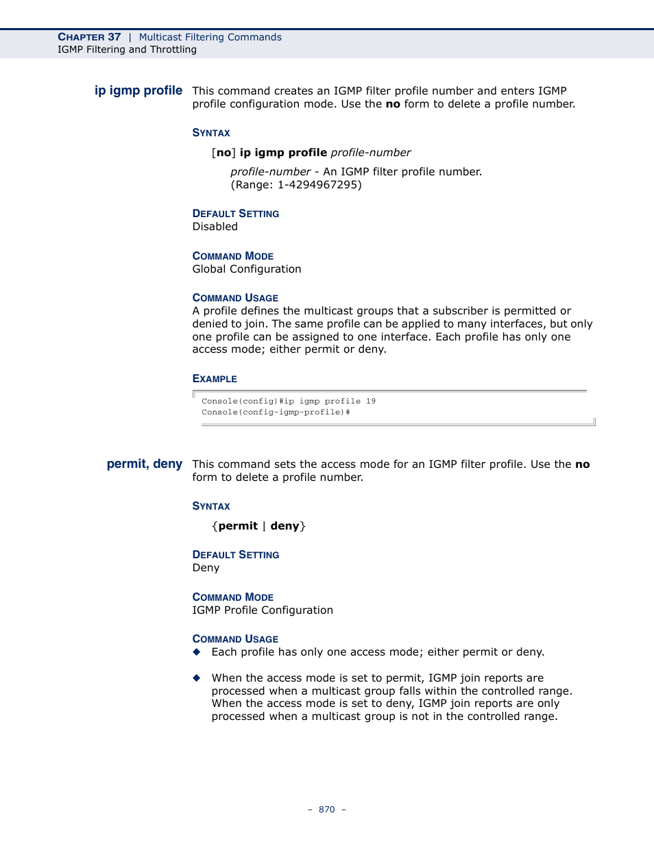 Ip igmp profile, Permit, deny | Microsens MS453490M Management Guide User Manual | Page 870 / 984