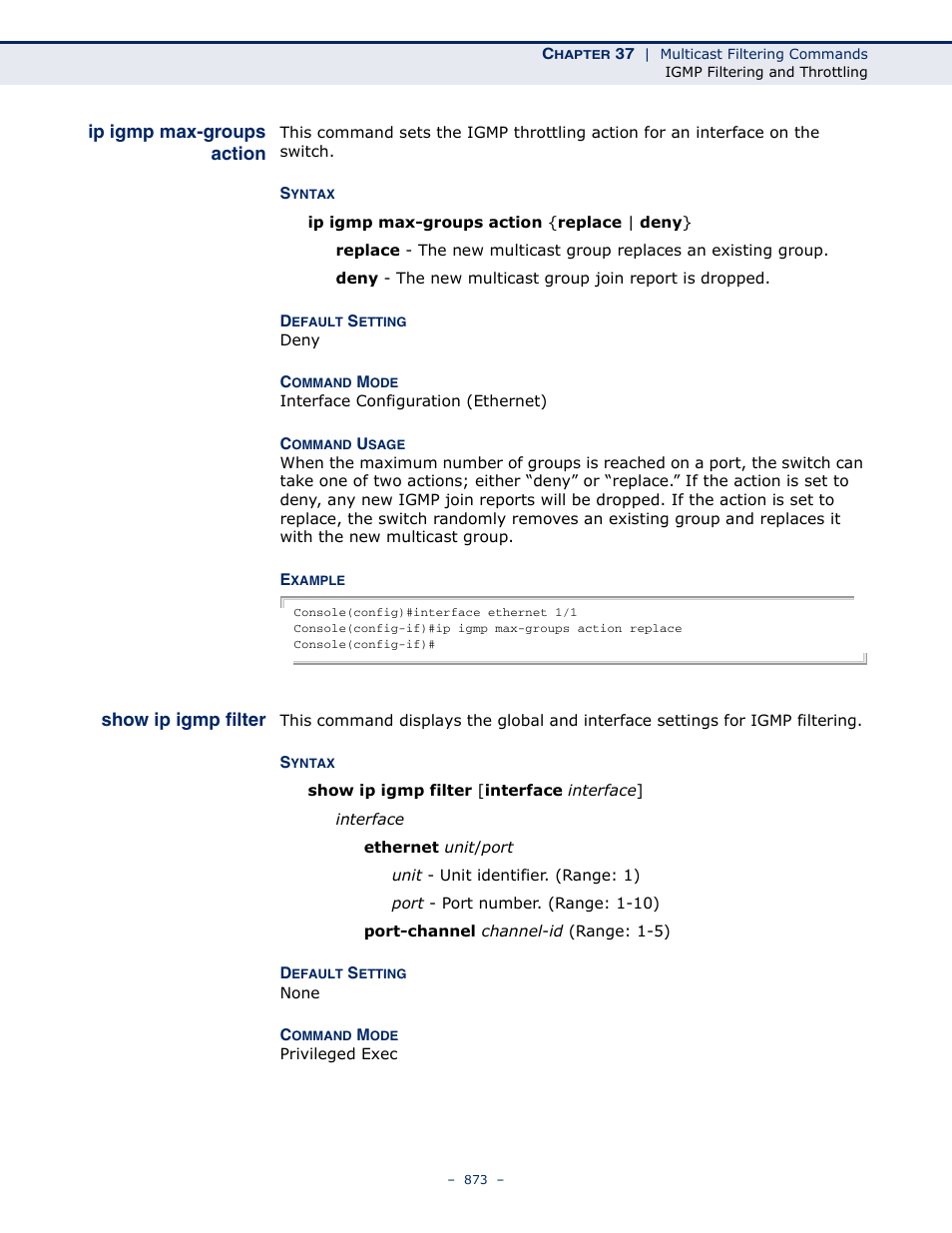 Ip igmp max-groups action, Show ip igmp filter, Ip igmp max-groups | Action | Microsens MS453490M Management Guide User Manual | Page 873 / 984