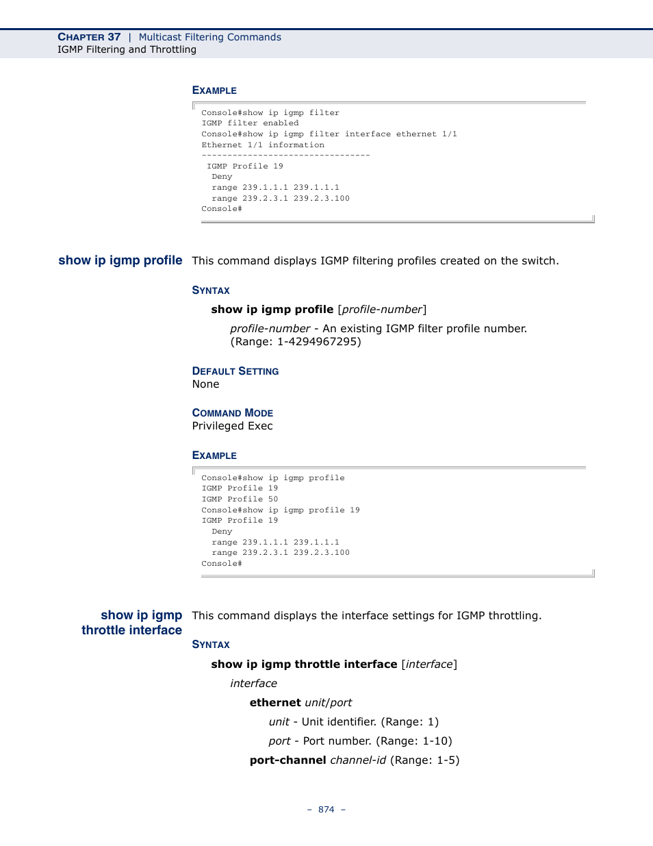 Show ip igmp profile, Show ip igmp throttle interface, Show ip igmp throttle | Interface | Microsens MS453490M Management Guide User Manual | Page 874 / 984