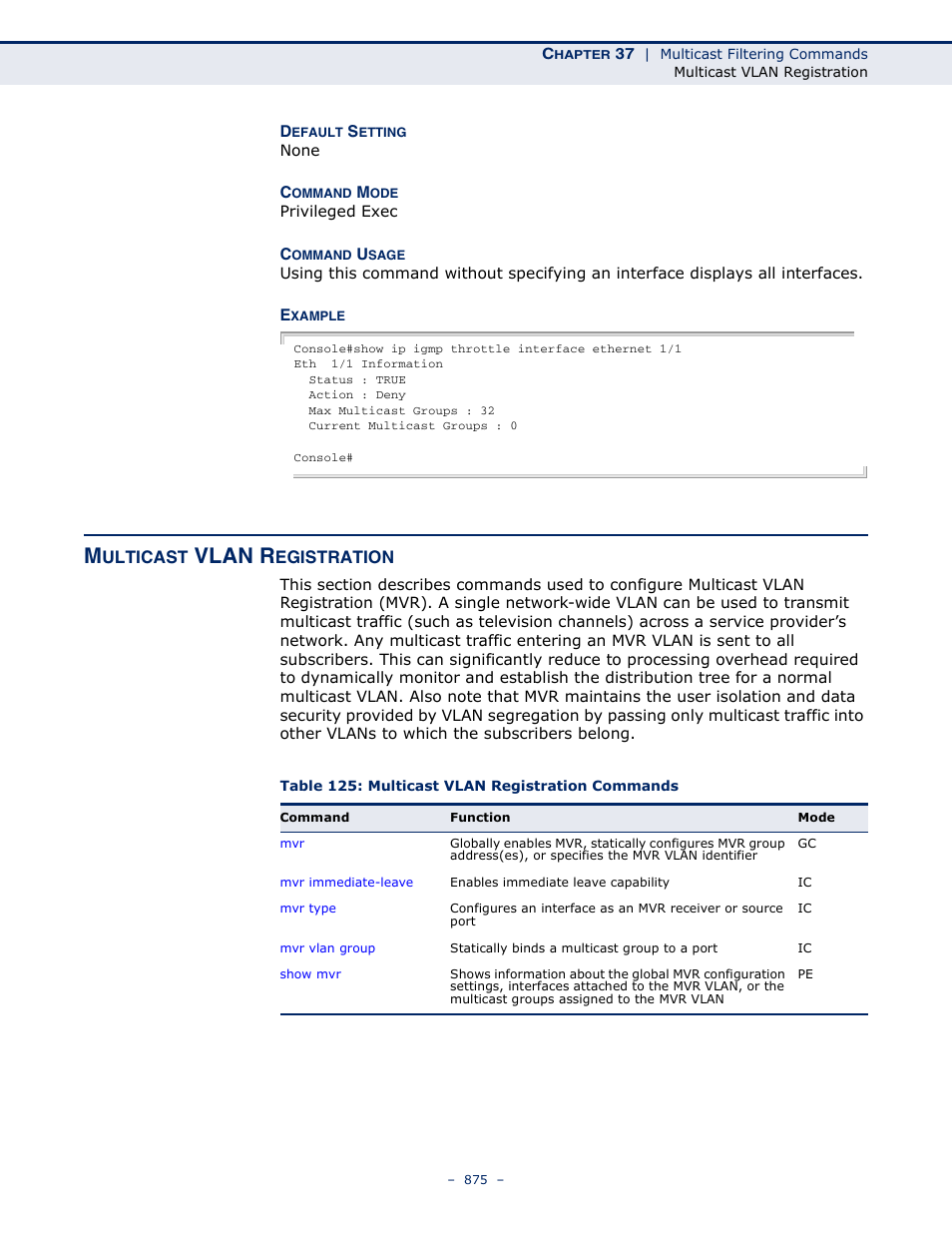 Multicast vlan registration, Table 125: multicast vlan registration commands, Multicast vlan | Registration, Vlan r | Microsens MS453490M Management Guide User Manual | Page 875 / 984