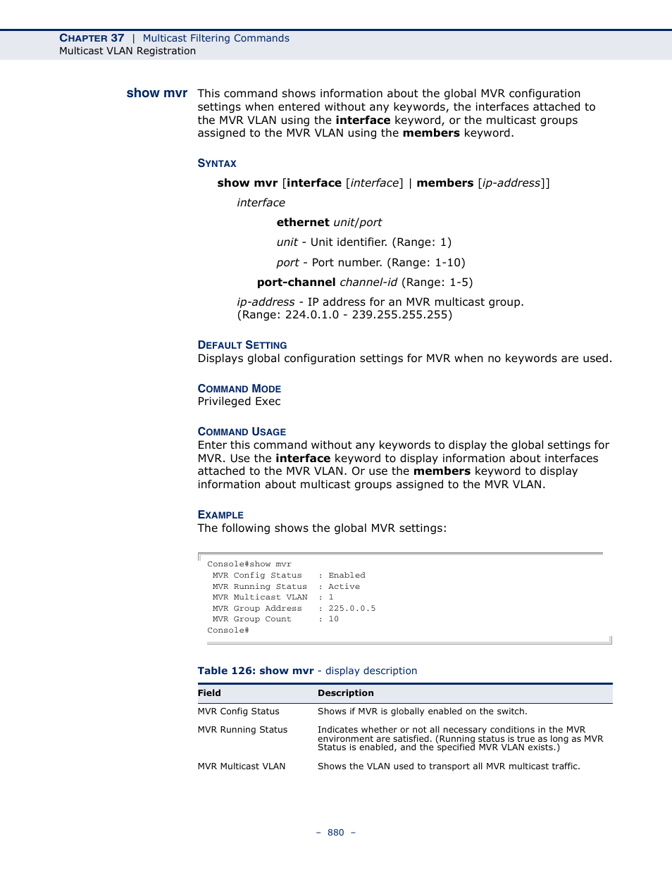 Show mvr, Table 126: show mvr - display description | Microsens MS453490M Management Guide User Manual | Page 880 / 984