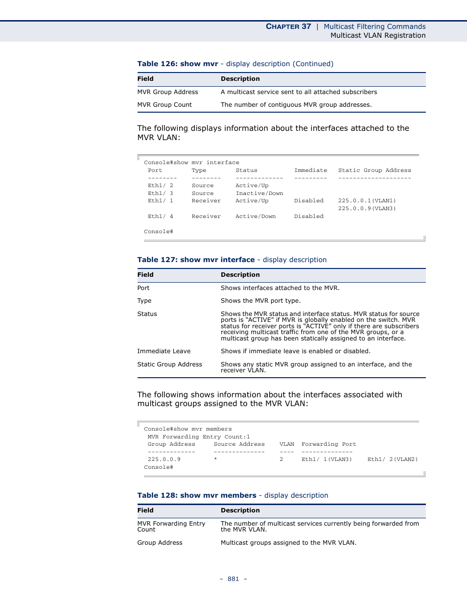Table 128: show mvr members - display description | Microsens MS453490M Management Guide User Manual | Page 881 / 984