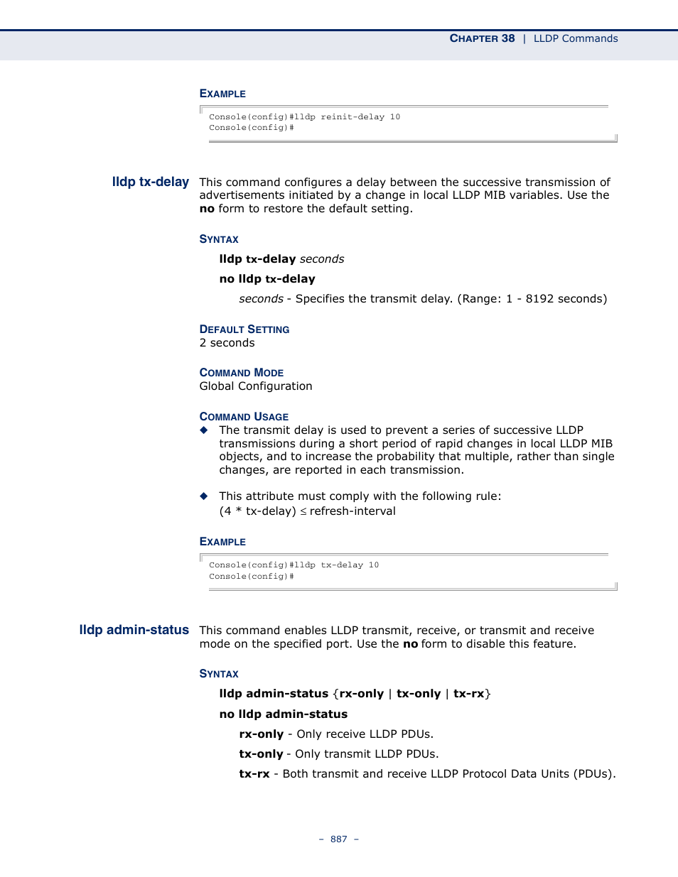 Lldp tx-delay, Lldp admin-status | Microsens MS453490M Management Guide User Manual | Page 887 / 984