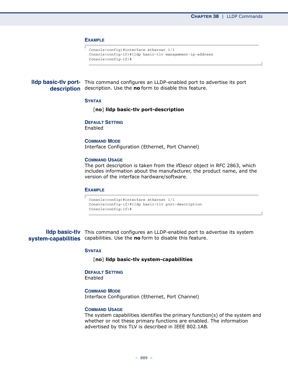 Lldp basic-tlv port-description, Lldp basic-tlv system-capabilities, Lldp basic-tlv port | Description, Lldp basic-tlv system, Capabilities, Lldp basic-tlv port- description | Microsens MS453490M Management Guide User Manual | Page 889 / 984